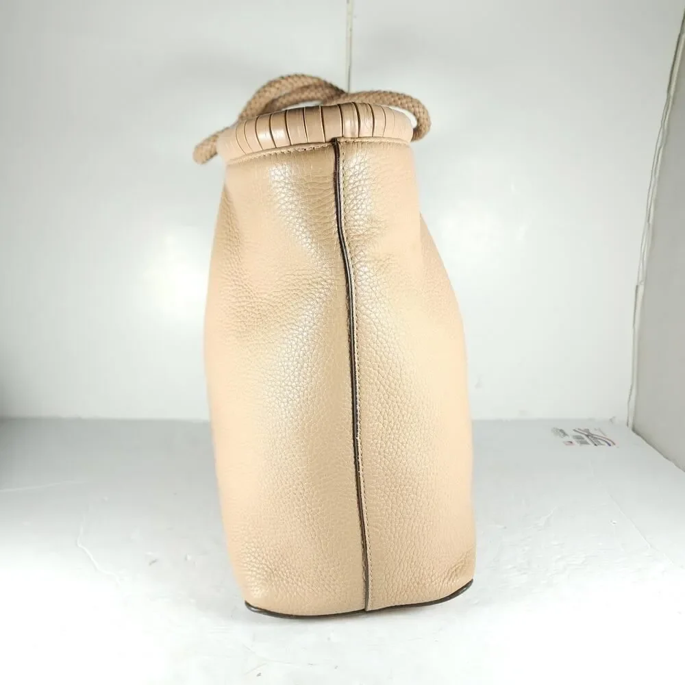 Tory Burch Taylor Beige Pebbled Leather Large Logo Tote Bag Shoulder Bag